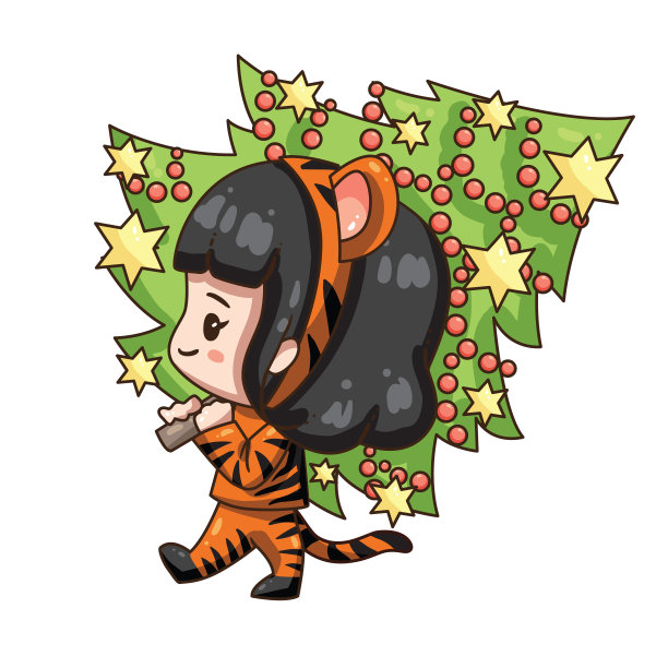 2022年中国新年，卡通女孩穿着老虎服装。图片下载