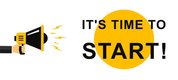 是时候开始了。男人的手拿着扩音器与它的时间开始讲话气泡。扩音器横幅。演讲者。扬声器。横幅为企业，营销和广告。向量。每股收益10图片下载