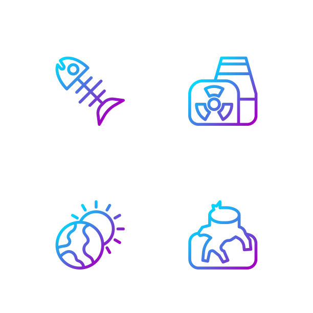 森林砍伐，全球变暖，死鱼和核电站。渐变颜色图标。向量图片下载