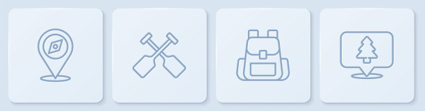 设定路线指南针，徒步背包，桨和森林的位置。白色正方形按钮。向量图片下载