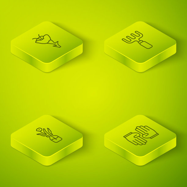 设置等距线花园耙，玻璃瓶花，橡胶手套和图标。向量图片下载