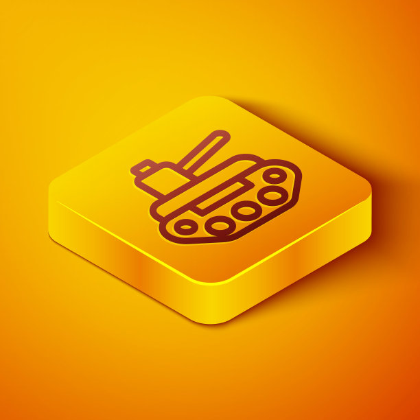 等距线军事坦克图标孤立在橙色背景。黄色正方形按钮。向量图片下载