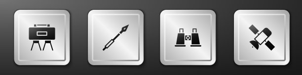 设置军事地雷，中世纪矛，双筒望远镜和卫星图标。银广场按钮。向量图片下载