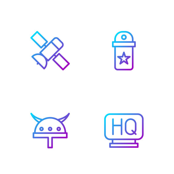 设军事总部线，带角头盔的维京人，卫星和Chevron。渐变颜色图标。向量图片下载