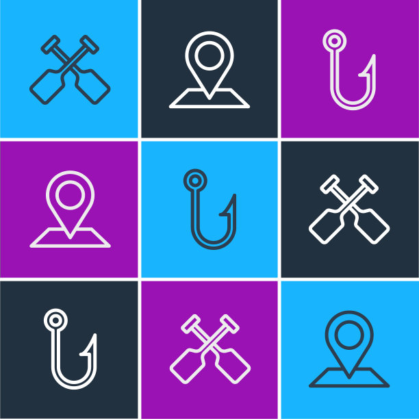 设置线桨，鱼钩和位置图标。向量图片下载