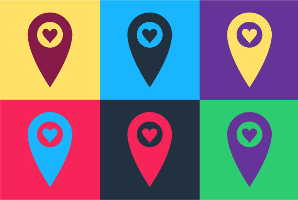 波普艺术地图指针与心脏图标孤立上图片下载