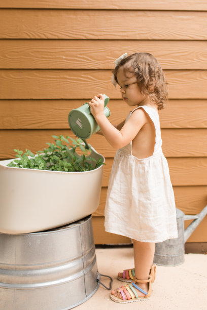 在COVID-19期间，两岁蹒跚学步的小女孩穿着米色亚麻裙和蝴蝶结在自家花园里浇水图片下载