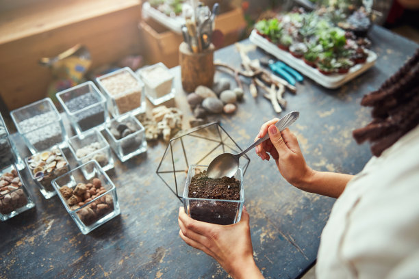 花商在多面体容器中加入盆栽混合物图片下载