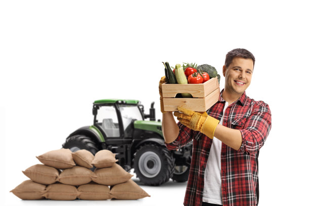 年轻的农民提着一箱蔬菜，在拖拉机前摆姿势图片下载