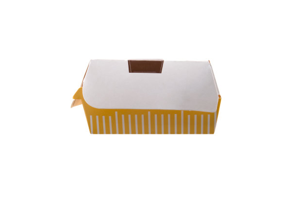 白色背景上隔离的空白黄白色手工汉堡包装盒图片下载