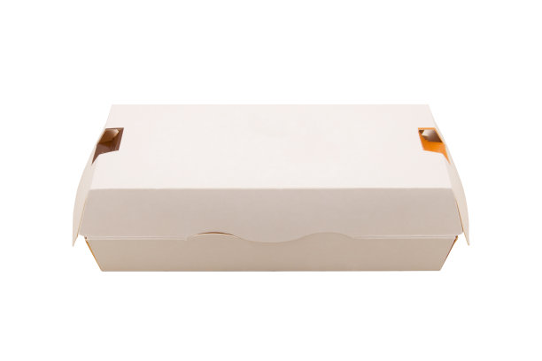 白色背景上隔离的空白黄白色手工汉堡包装盒图片下载