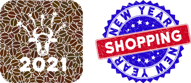 双色新年购物纹理印章和咖啡图片下载