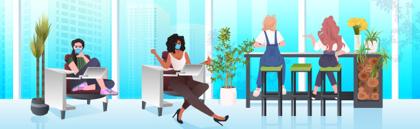 戴着面具的不同种族的女商人一起工作图片下载