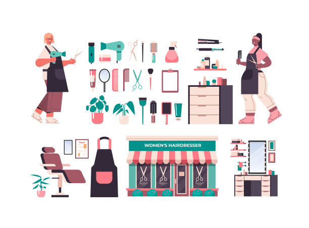 设置美发师工具和配件图标图片下载