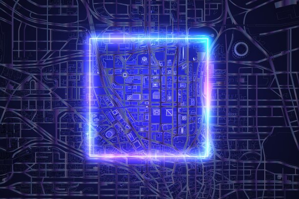 霓虹灯广场上方黑暗的城市俯视图图片下载