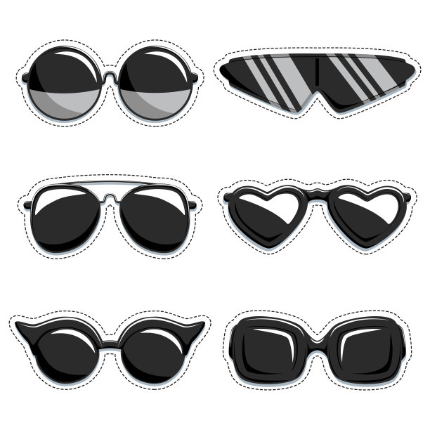 太阳镜向量集剪影。时尚装饰标签。白色背景上孤立的设计元素集合。图片下载