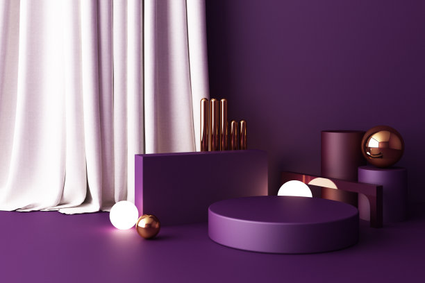 模拟组成几何形状的黄金和玻璃纹理与紫色裙台的产品设计，3d渲染，3d插图图片下载