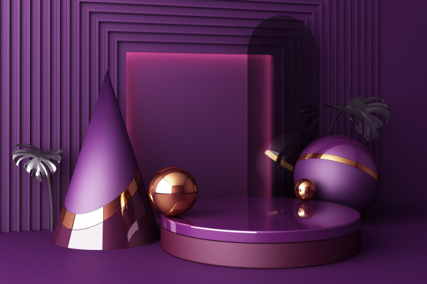 模拟组成几何形状的黄金和玻璃纹理与紫色裙台的产品设计，3d渲染，3d插图图片下载