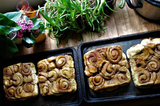 版权免费照片-飞行我的无人机在妈妈的新鲜烘焙粘面包-独特的头顶视图温暖的肉桂卷刚刚烤在奶奶的厨房-令人惊叹的烘焙食物背景网站，食物博客，或广告-我的早餐图片下载