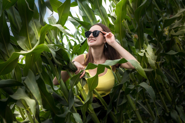 美丽的女孩在绿色的玉米田摆姿势的肖像图片下载