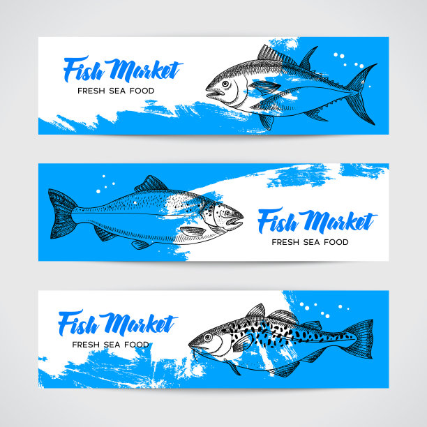 手绘素描鱼动物旗帜设置黑色图片下载