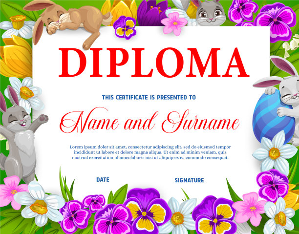 儿童教育文凭与复活节彩蛋兔子图片下载
