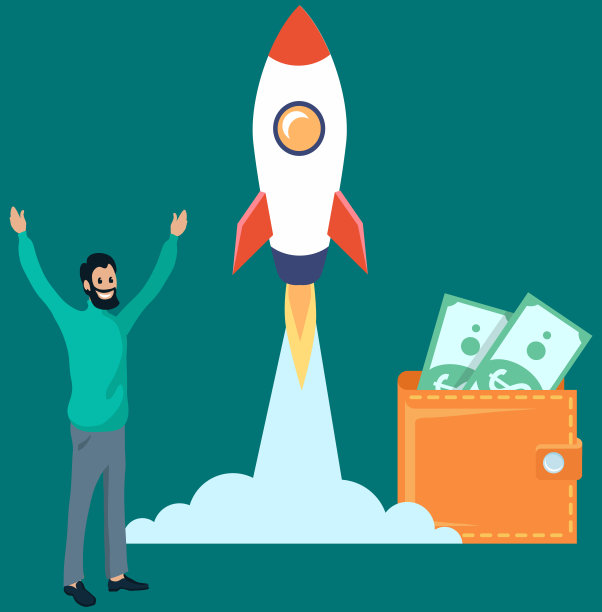 成功的商人站在飞火箭旁边，钱包里装满了钱，生意开始了图片下载