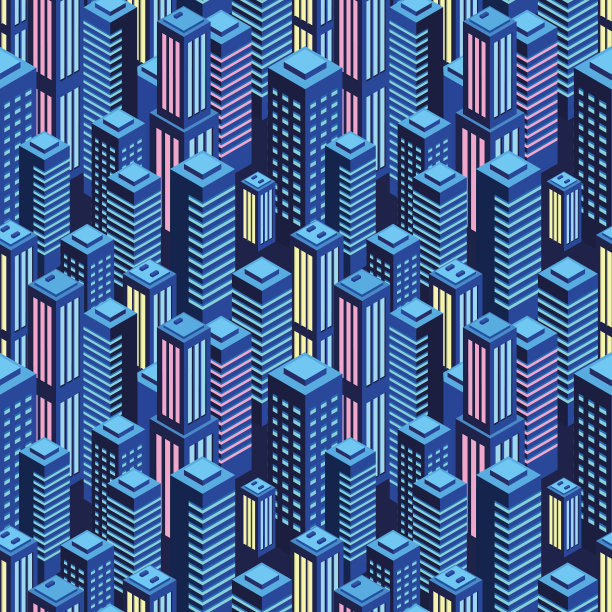 无缝的城市模式。等距视图。紫色霓虹灯的颜色。夜间城市的灯光。现代时尚的背景设计。矢量插图。每股收益图片下载