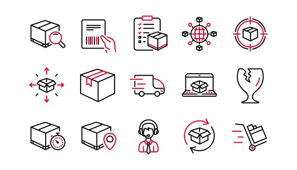 物流和航运公司的图标。卡车运送，检查表和包裹跟踪。线性的图标集。向量图片下载