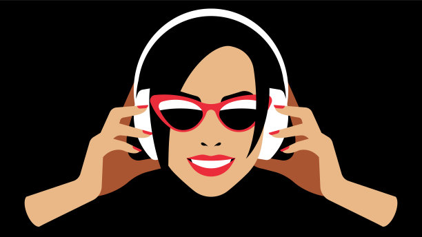 戴着耳机微笑的女人。明亮的美是用耳机听音乐。图片下载