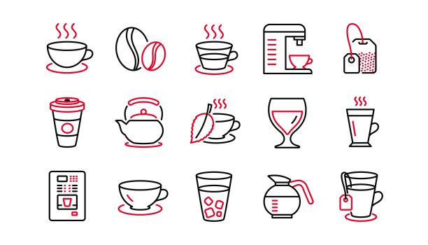 咖啡和茶系列图标。卡布奇诺，茶壶和咖啡壶。线性的图标集。向量图片下载