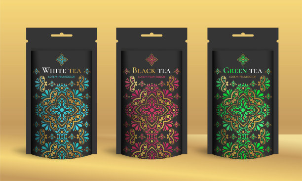 套装茶包装设计与拉链袋袋模型。矢量装饰模板。优雅、经典的元素。适用于食品，饮料和其他包装类型。可用于背景和壁纸。图片下载