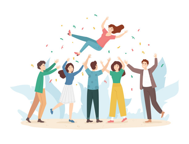 卡通色彩人物抛空人组概念。向量图片下载