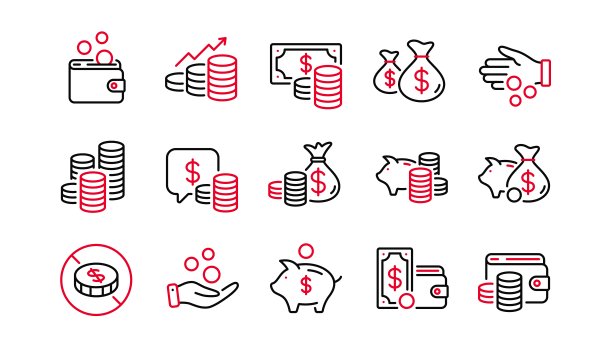 硬币行图标。现金，捐赠硬币，给小费图标。小猪储蓄罐，业务收入，贷款。向量图片下载