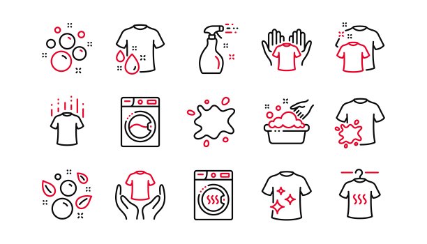 晾衣绳图标。烘干机，洗衣机和脏衬衫。线性集。向量图片下载