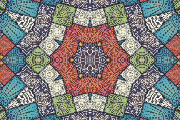 曼陀罗花式瓷砖图案，几何图案的彩绘瓷砖，摩洛哥风格的阿拉伯图案。地板、墙面装饰。彩绘锡釉瓷砖图片下载