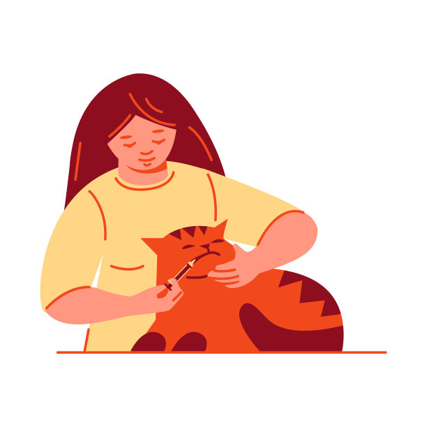 年轻女子给猫吃药。宠物护理治疗。矢量插图在平面卡通风格。图片下载