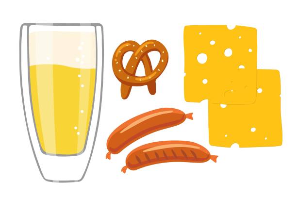 啤酒。矢量啤酒杯和零食，巴伐利亚香肠，椒盐卷饼，奶酪片。德国慕尼黑啤酒节。用于海报，卡片设计，菜单，横幅，标志。酒吧的食物图片下载