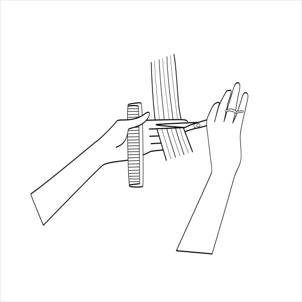 理发师手里拿着剪刀和头发。白色上的黑色轮廓，素描，美发沙龙设计涂鸦，传单，名片。向量的简单说明图片下载