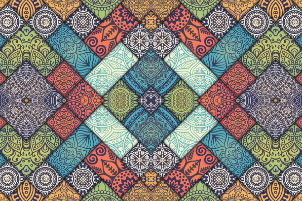 曼陀罗花式瓷砖图案，几何图案的彩绘瓷砖，摩洛哥风格的阿拉伯图案。地板、墙面装饰。彩绘锡釉瓷砖图片下载