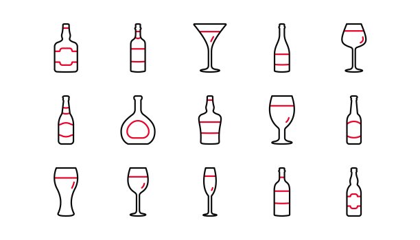 瓶线图标。啤酒饮料，葡萄酒杯和威士忌酒瓶。线性的图标集。向量图片下载