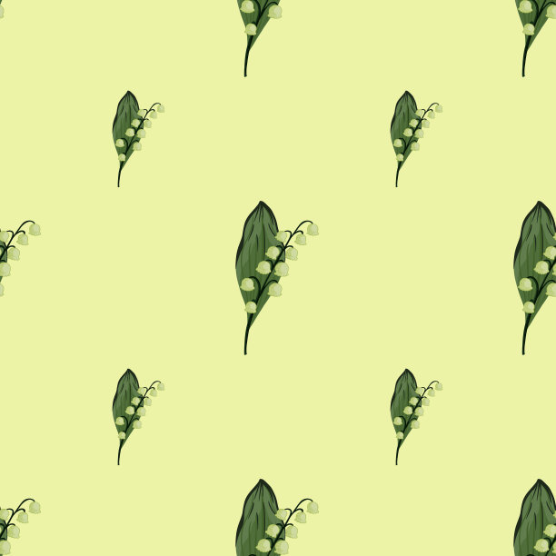 极简主义风格无缝涂鸦图案与绿色的春天百合山谷形状。柔和的背景。图片下载