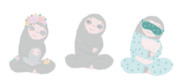 可爱的树懒家族。树懒。妈妈和宝宝微笑着，画了大概的平面风格。图片下载