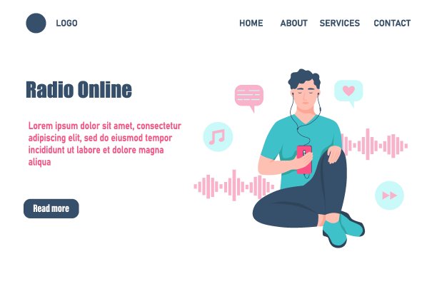 电台在线登陆页面矢量模板。一个戴着耳机的男人正在听音频。平面向量插图图片下载