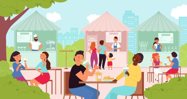 夏日咖啡馆里的人们。户外餐桌，午餐在街头餐厅。多元化的人在公园、美食节或市场体面向量的概念图片下载