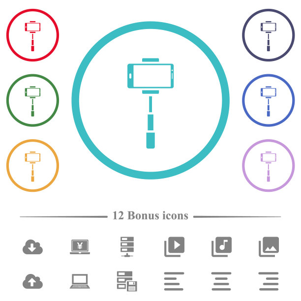 智能手机上的自拍杆前视图的平面颜色图标在圆形形状轮廓图片下载