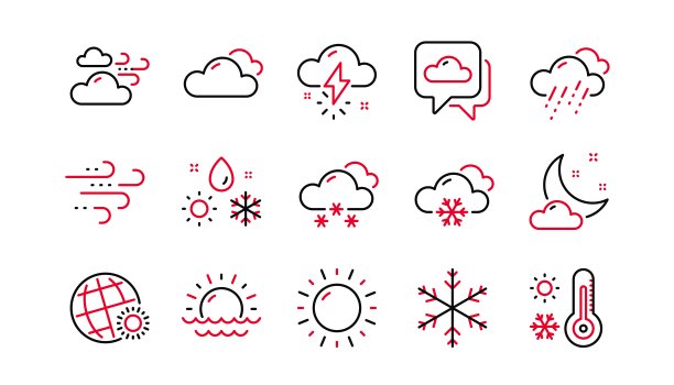 天气和预报线图标。阴天，冬天有雪花和温度计。线性集。向量图片下载