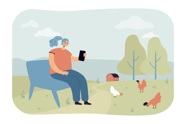 村里有个女人，正坐在长凳上拿着智能手机图片下载