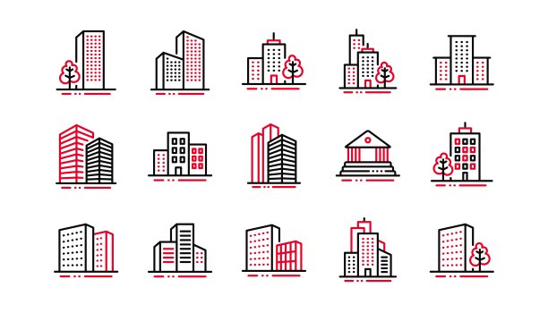 建筑图标。银行、酒店、法院。城市建筑，摩天大楼。向量图片下载