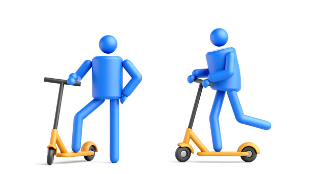 3d渲染，抽象简单的人类符号和黄色滑板车。城市交通的概念。几何蓝色男子图标，剪辑艺术孤立在白色背景图片下载